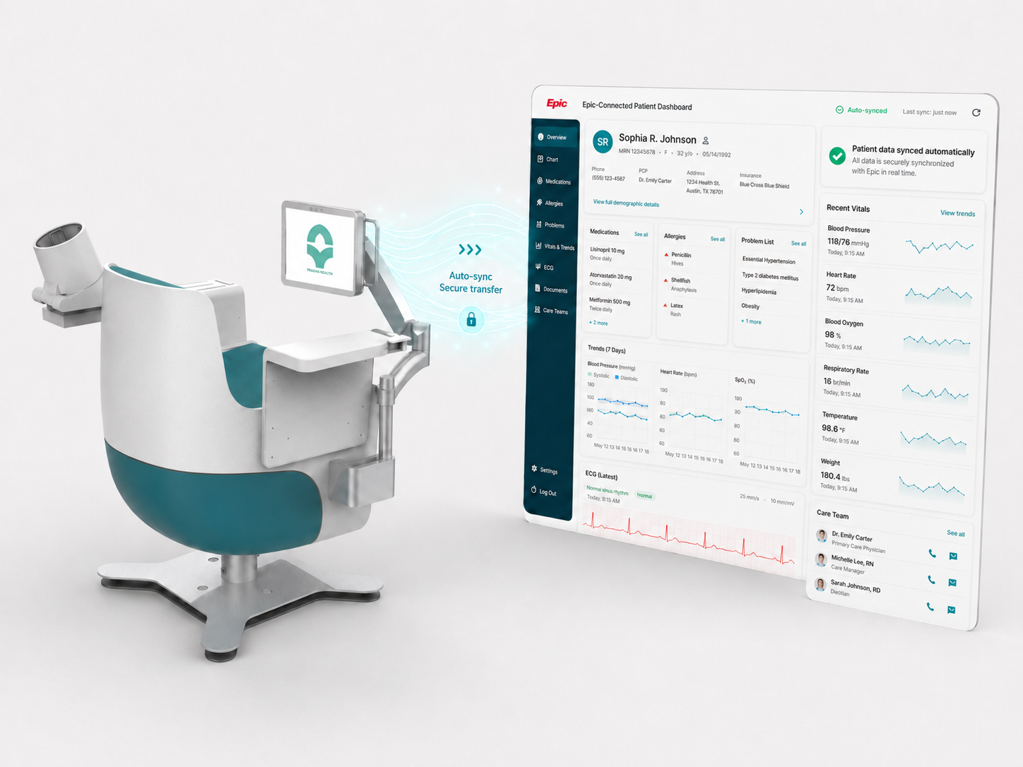 Praana outpatient chair connected to Epic EMR dashboard
